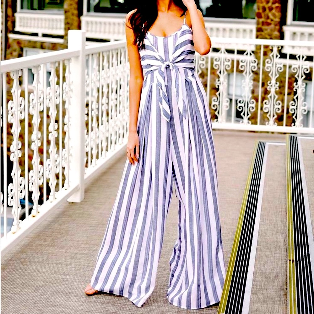 Flying Tomato Women’s Blue & White Striped Jumpsuit Romper Front Tie Open Back